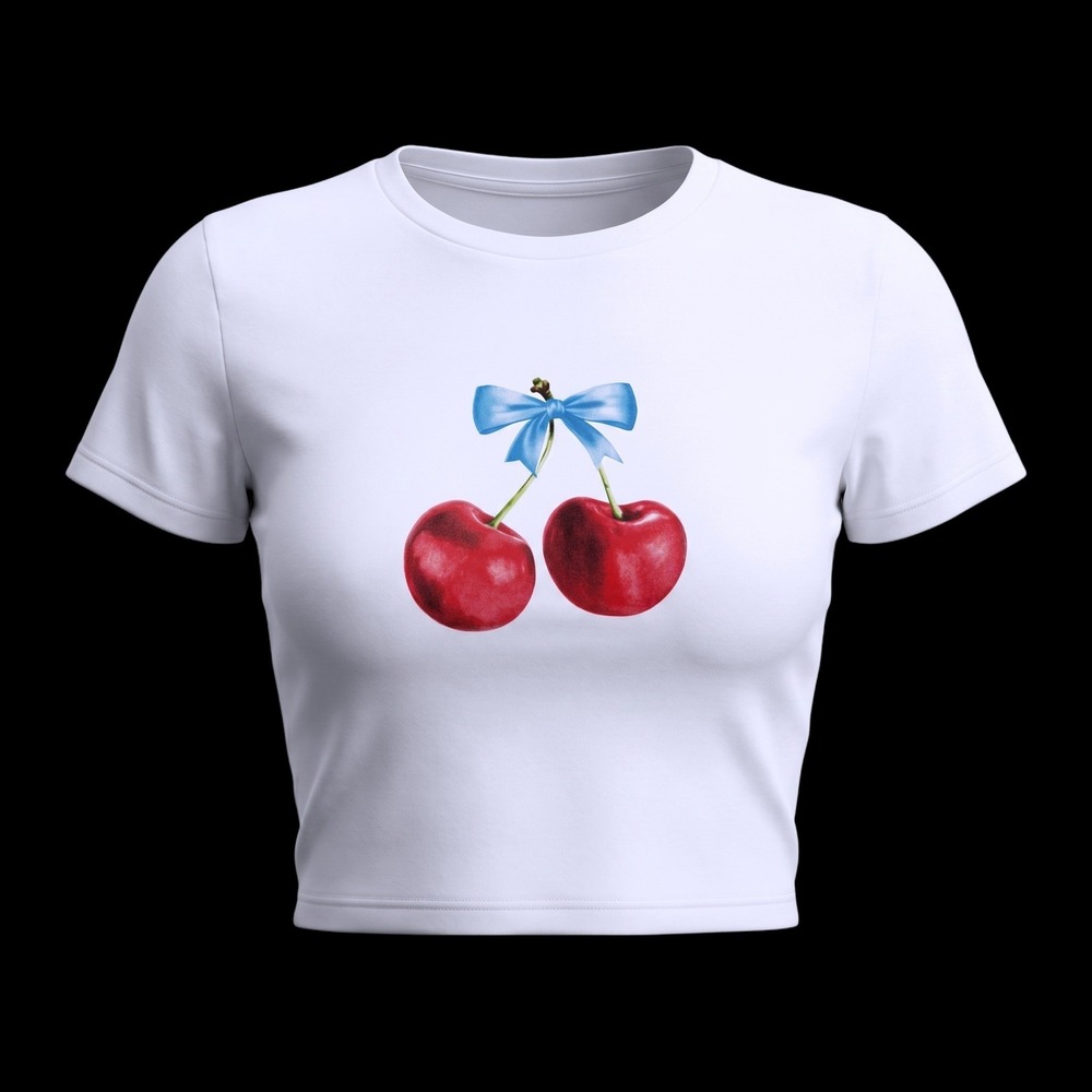 SHEIN Womens White Cherry Bow Graphic Crop Top T-Shirt Size L 4148925